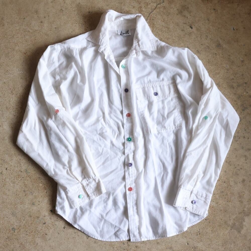 Vintage Tap & Co White Button Up Shirt Colorful Buttons Made in USA Cottagecore